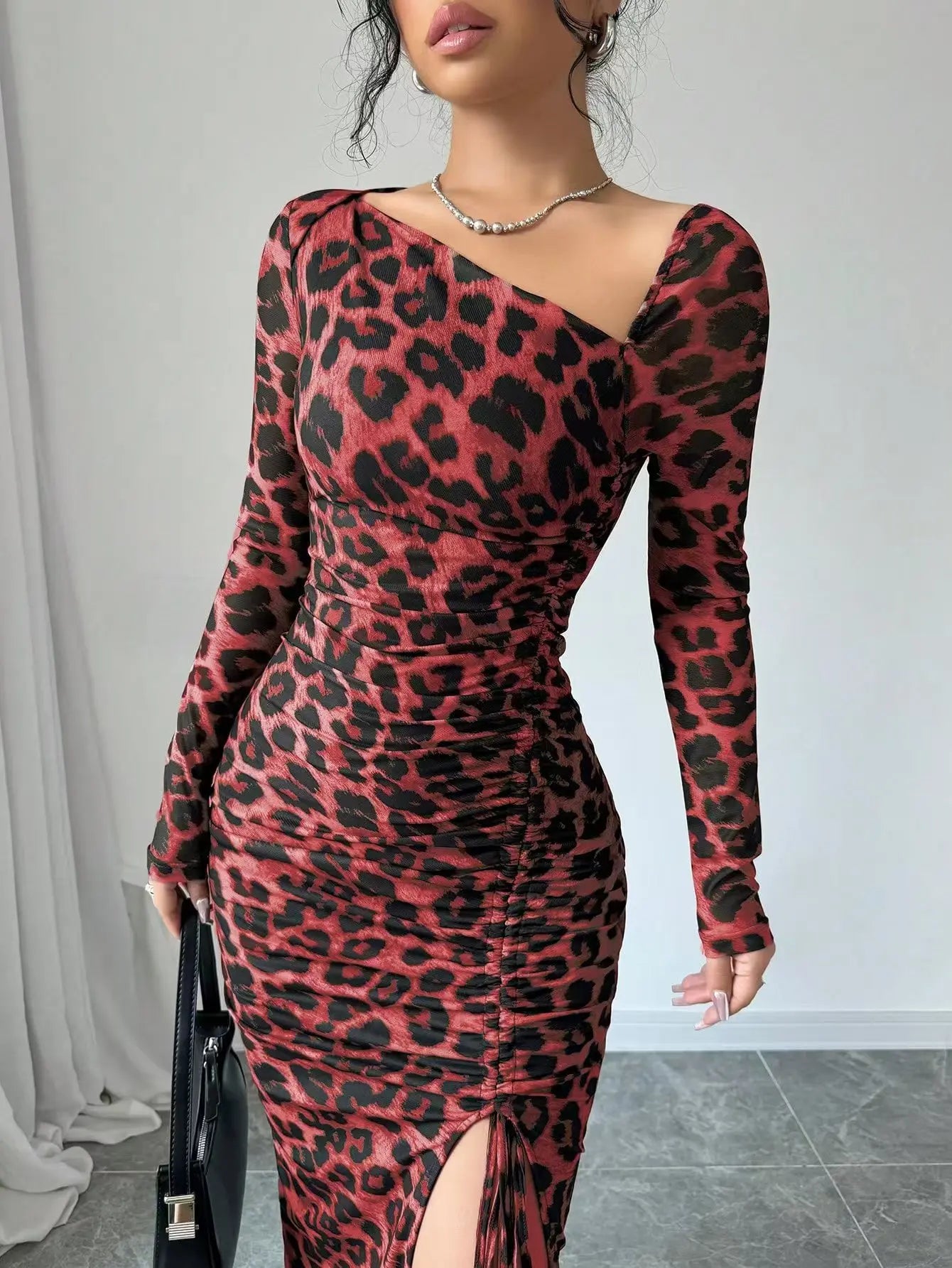 Sexy Leopard Print Fashion Ruffled Sexy Slit Party Dress For Women. S-XL
