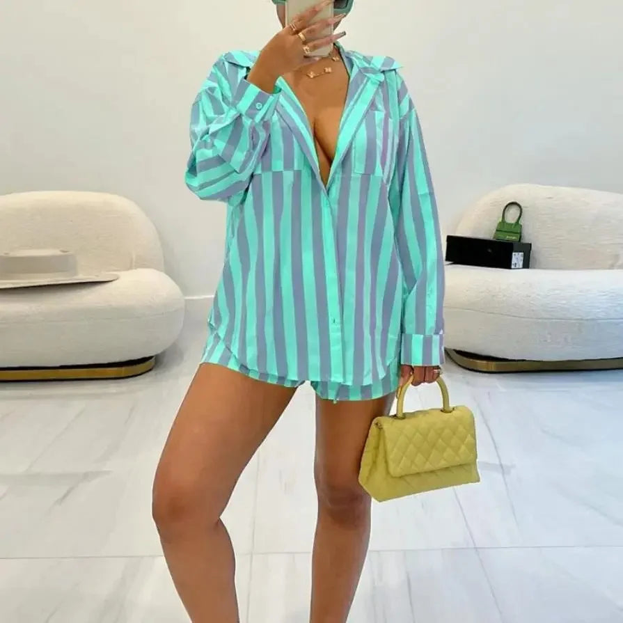 Fashionable Striped Two-Piece Loose-Fit Shorts And Shirt European Style. S-4X