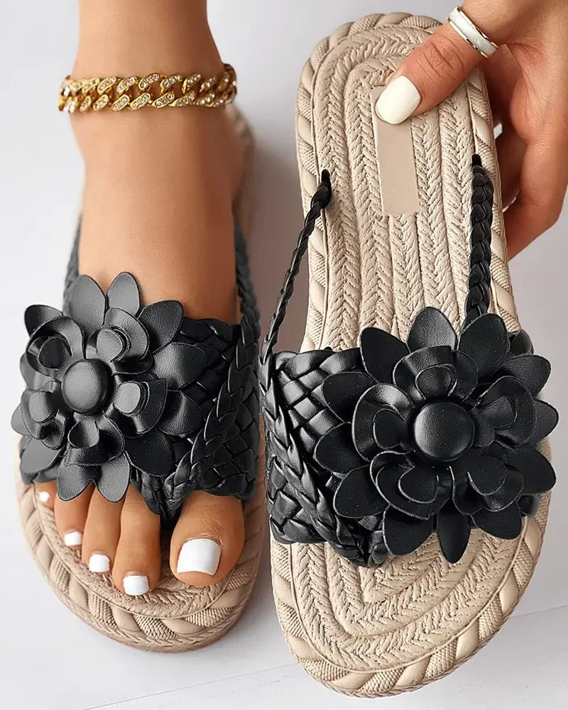 Women Solid Or Ombre Pattern Braided Casual Sandal Holographic Braided Floral Pattern