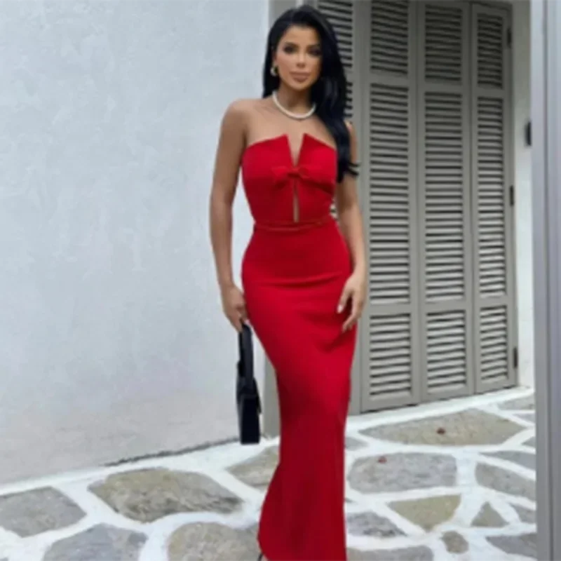 Fashion Sexy Maxi Dress For Women Summer Elegant Strapless Sleeveless Bow Solid Slim Dress Party Dress. S-L