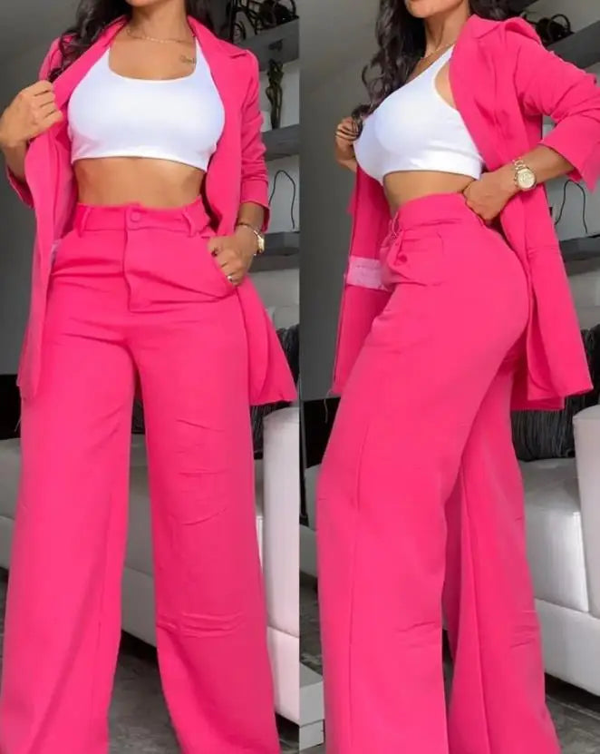 Ladies Elegant Blazer Set New Autumn Fashion Notched Collar Coat & Pocket Design Pants Set. S-2x