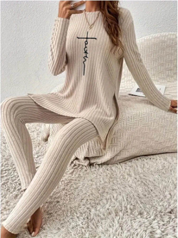 Casual Solid Colour Knitted Suit Women Two-Piece Long Sleeve Split Top Slim Fit Pants Autumn Fashion Set. S-2x