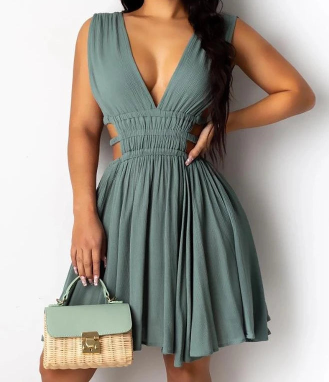 Flattering High Waist Sleeveless V-Neck Solid Elegant Party Mini Dress. Sz S-2X