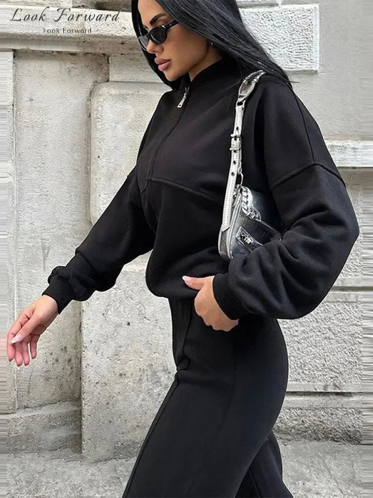 Casual Pants Set Women Spring Autumn Zip Up Jacket Loose Elastic Waist Trousers Suit.