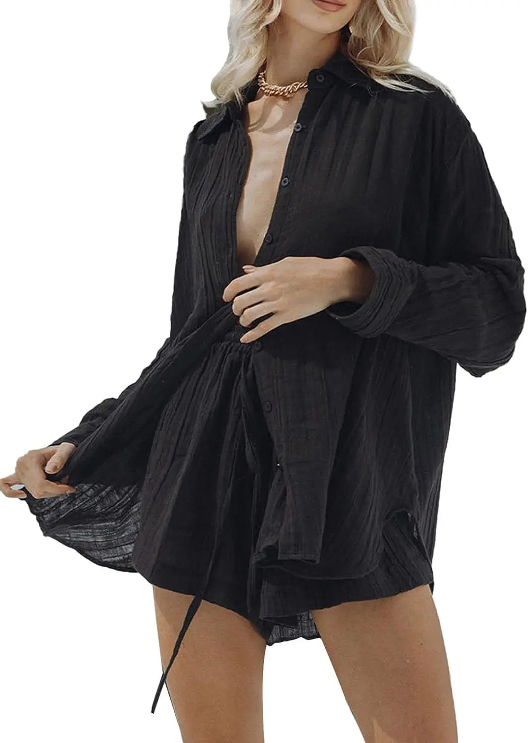 Ladies Shirt And Short Two Piece Set, Fashion Solid Long Sleeve Shirt Casual Loose Shorts. S-2x