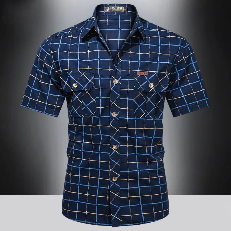Checkered top quality short sleeved shirt for men 2025 new summer thin business pure cotton loose oversized elegant striped shirt. M-5X