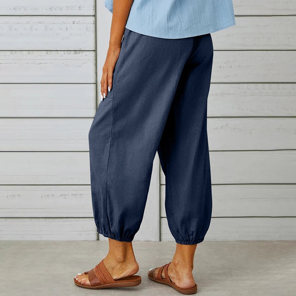 Cotton Linen Harem Pants Casual Elastic High Waist Loose Ankle Pants. S-2x