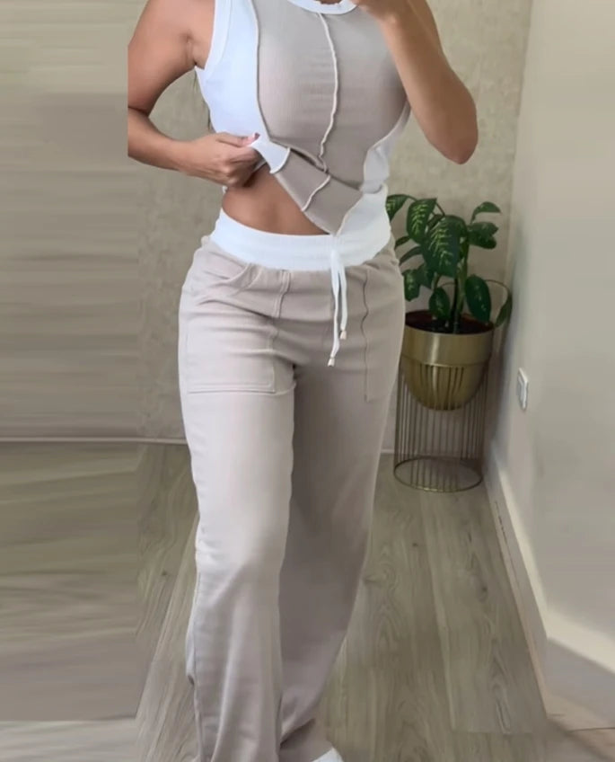 New Fashion Two Piece Trousers Outfit Casual Colour block Ribbed Tank Top & Pocket Pants Set for Women