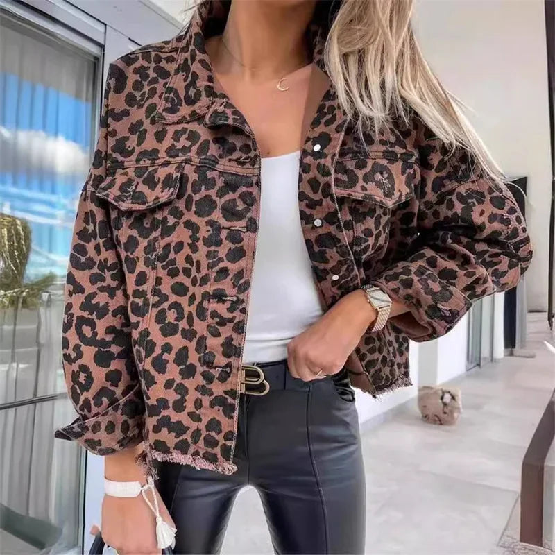 Fashion Leopard Print Tassel Hem Casual Lapel Single-breasted Denim Jacket. S-XL