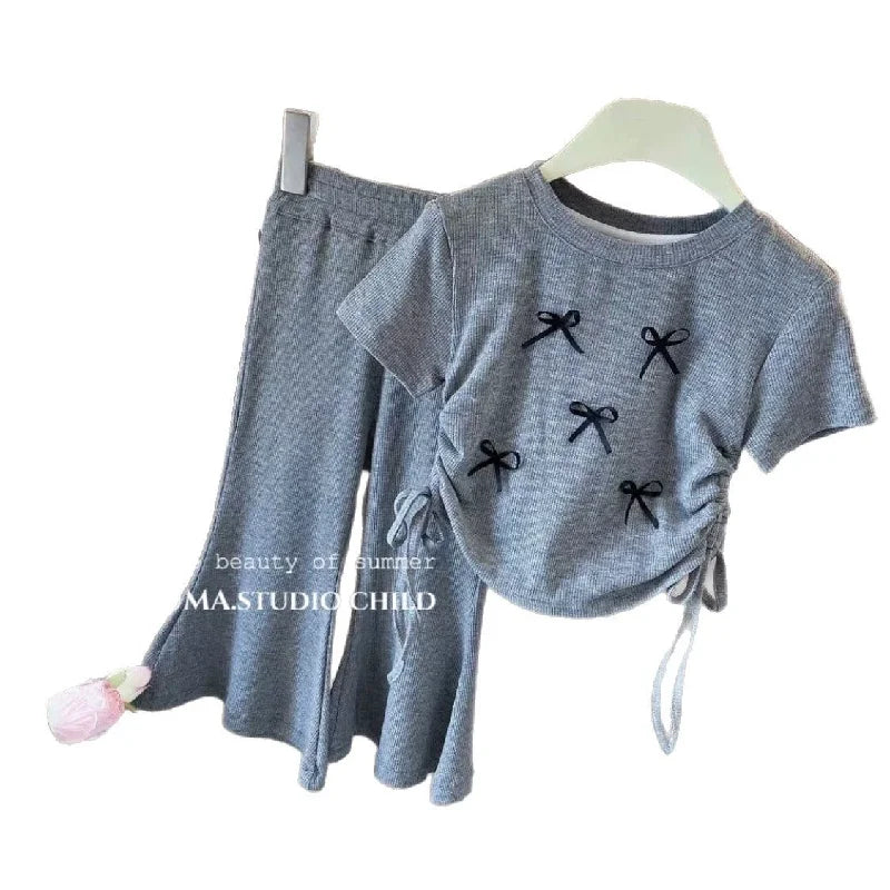 Girls Bow Print Sets Children's Clothing Summer Short Sleeve Tops + Flared Pants 2Pcs Suits Kids Sweet T-Shirt Outfits 2-8 Years