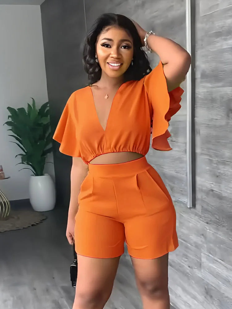 Summer V Neck Short Top And Shorts Set Set, Solid Colour Fashion Short Sleeved Casual Set. S-2x