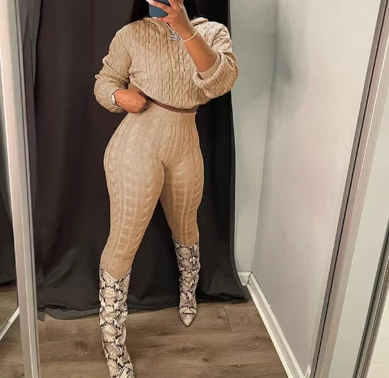 2 Piece Fashion Long Sleeve Cable Knit Hooded Sweater & Pants Suit.