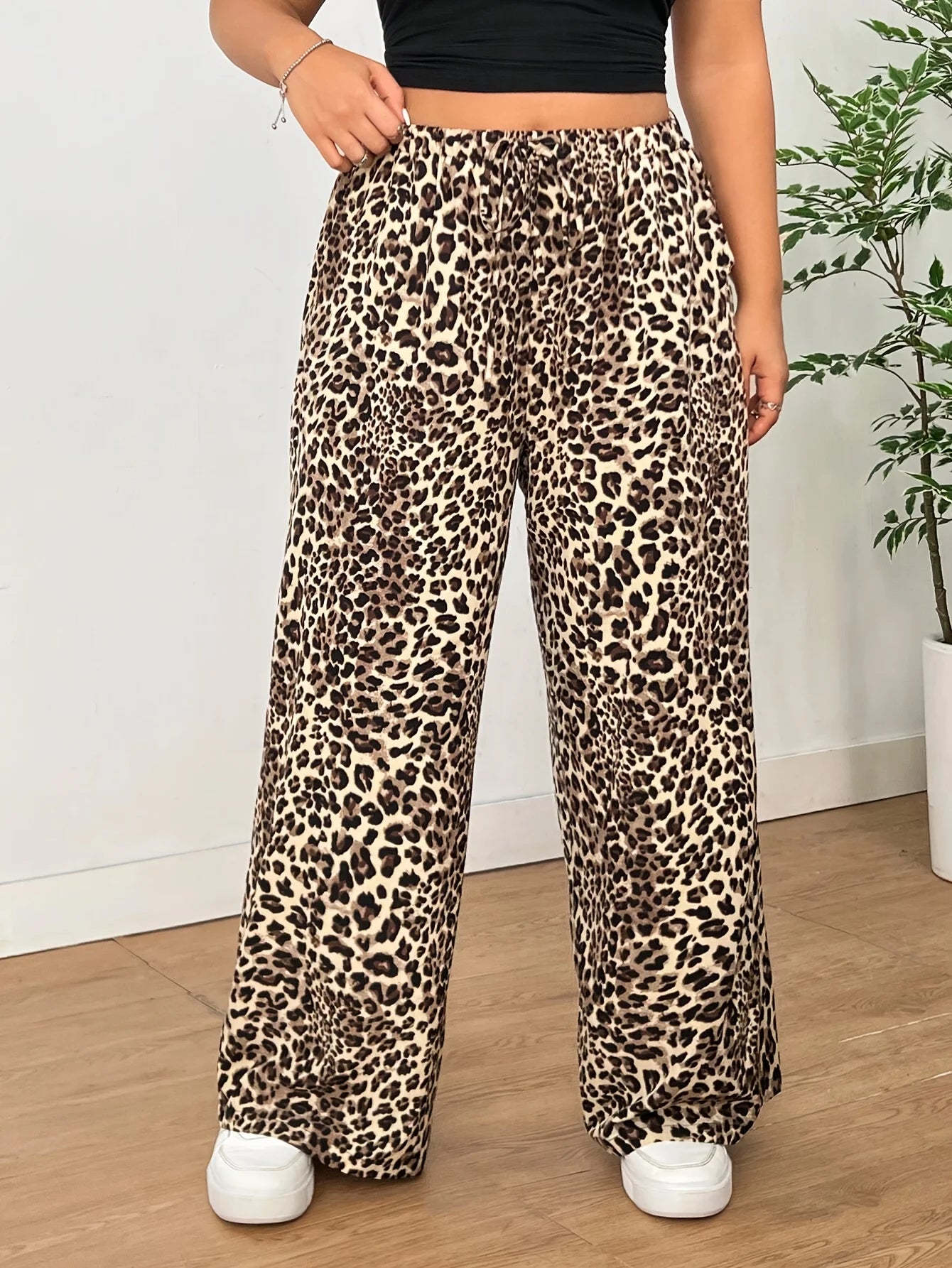 Plus Size High Waist Leopard Print Loose Pleated Ladies Casual Wide Leg Pant