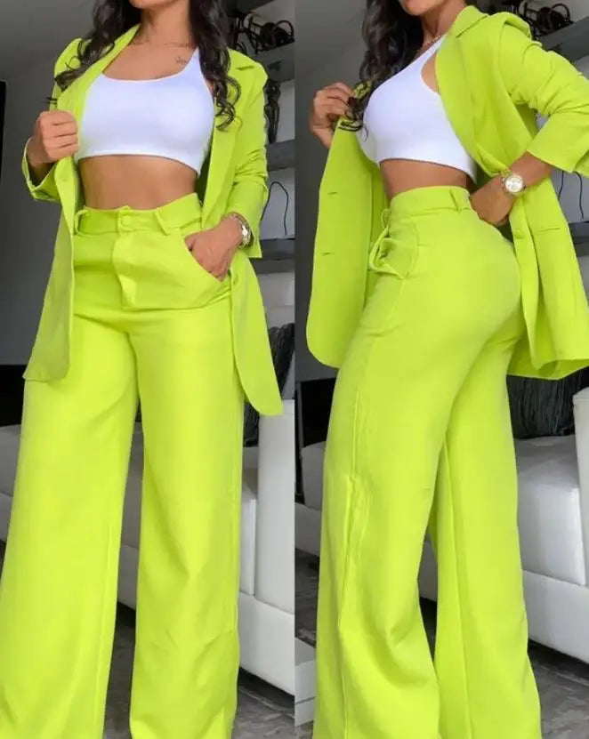 Ladies Elegant Blazer Set New Autumn Fashion Notched Collar Coat & Pocket Design Pants Set. S-2x