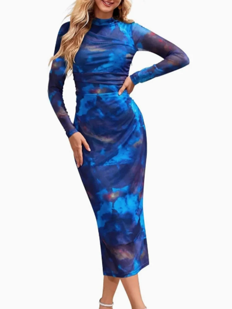 Blue Long Sleeved Fashionable Print Women's Dress High Street Fashion Slim Fit Dress. S-2X