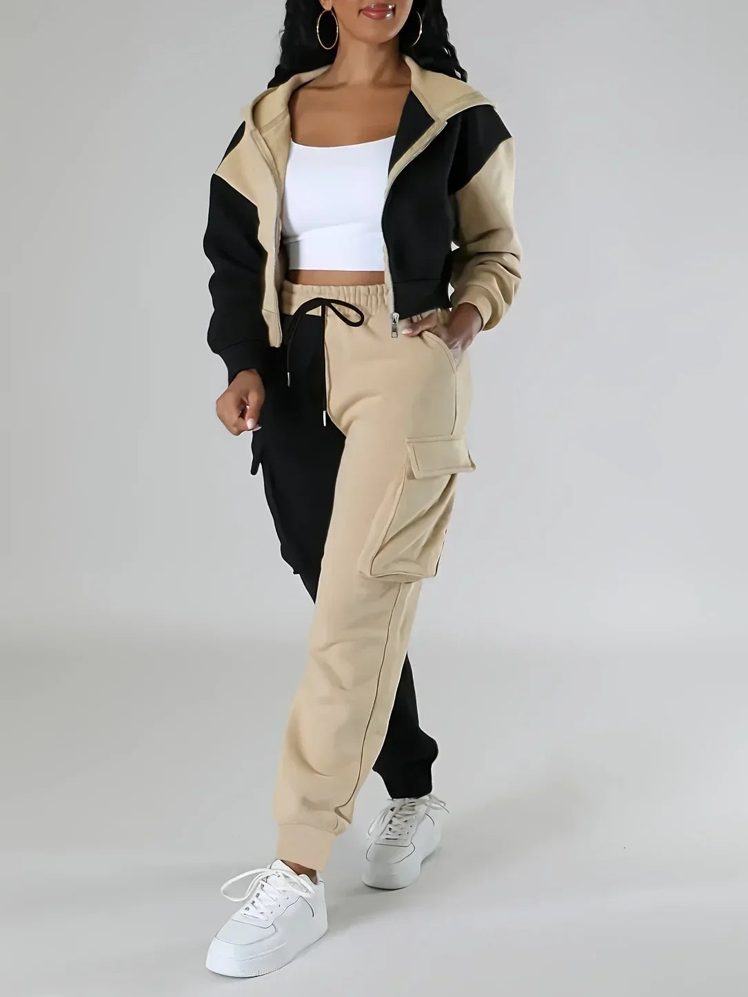 Women Loose Two Piece Matching Set Zip- Up Hoodie And Drawstring Cargo Pants Suit. S-2x