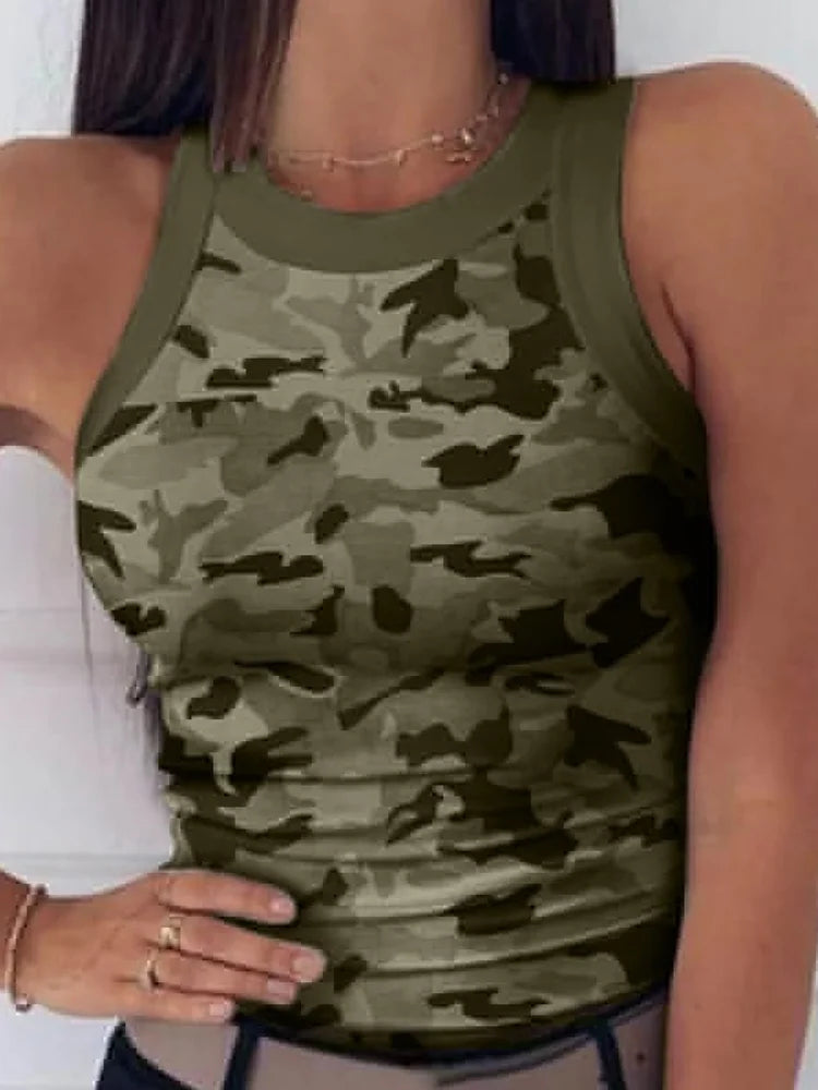 Women Casual Camo Round Neck Ribbed Tank Top Summer Basic Sexy Crew Neck. S-2x