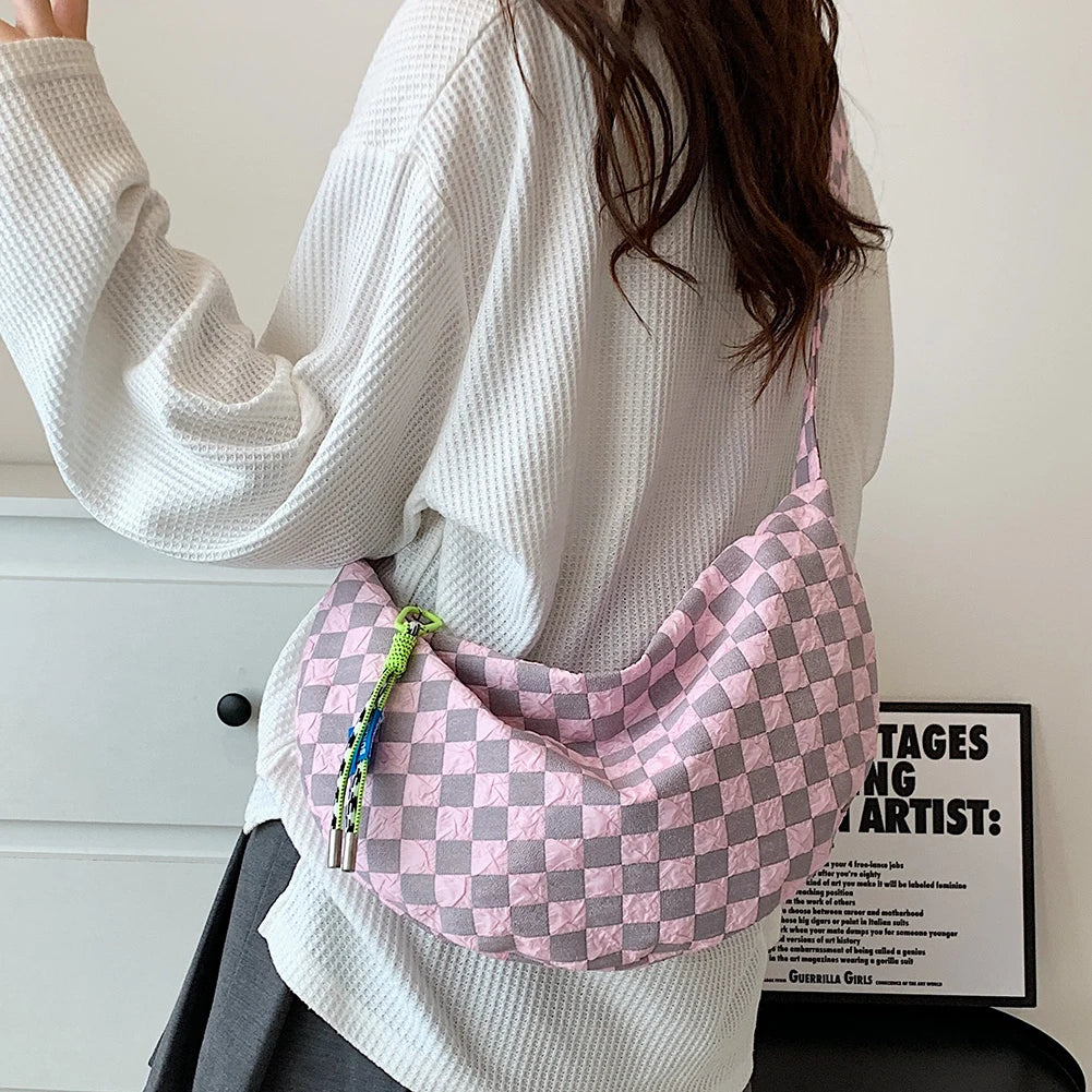 Plaid Women Messenger Bag Fashion Half Moon Crescent Casual Simple Lightweight Large Capacity