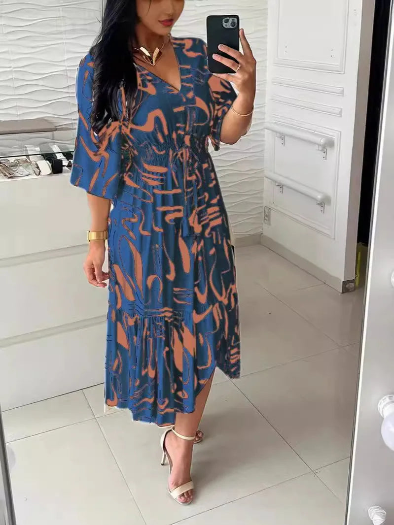 Long Dress Printed Elegant Women Elastic Waist Casual Half Sleeve A-line Dress. S-3X