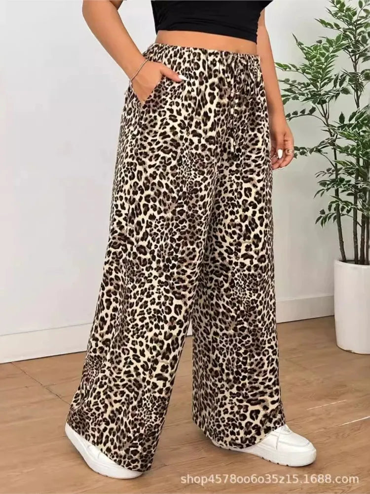 Plus Size High Waist Leopard Print Loose Pleated Ladies Casual Wide Leg Pant