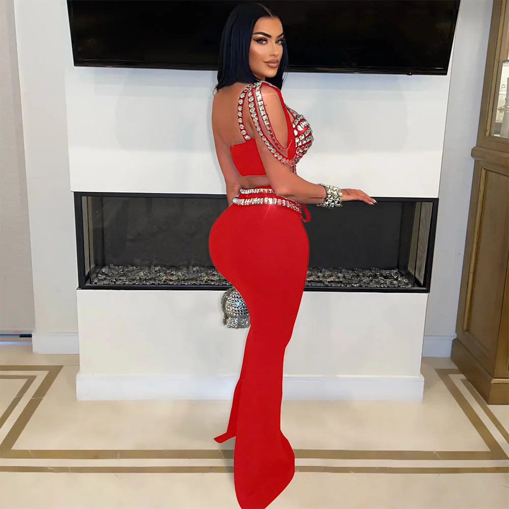 Rhinestone 2 Piece Skirt Set Elegant Luxury Long Skirt Summer Outfit Crop Top Two Piece Set. S-2x