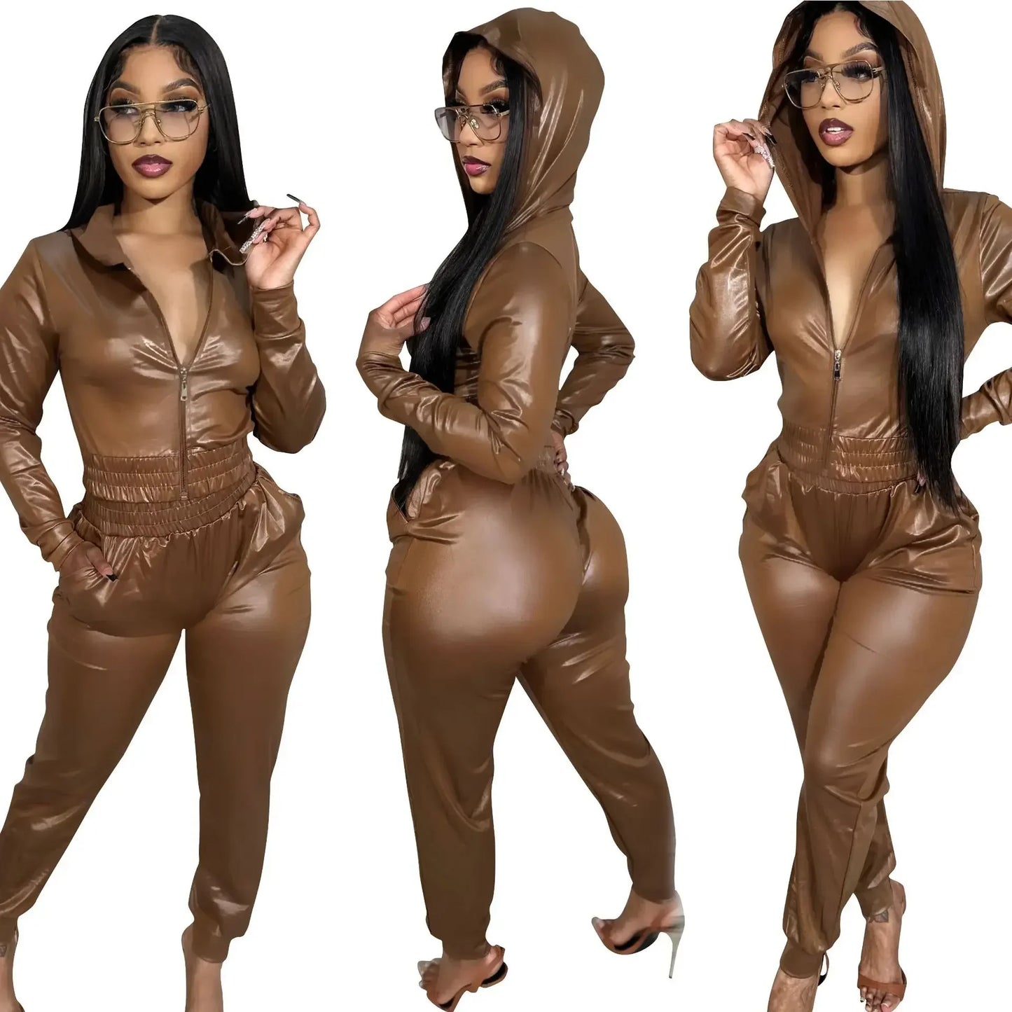 Women Hooded Pant Set Slim Fit Shirring PU Leather. S-2x