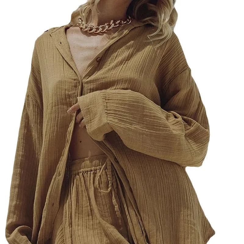 Ladies Shirt And Short Two Piece Set, Fashion Solid Long Sleeve Shirt Casual Loose Shorts. S-2x