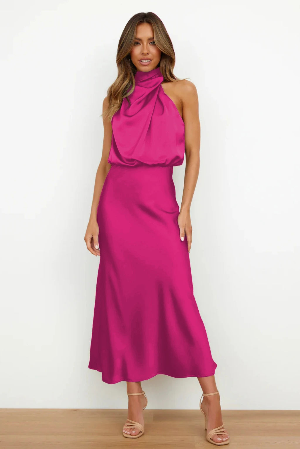 2025 Spring/Summer Long Dress for Women High Waist Halter Satin Sleeveless Elegant Solid Evening Party Dress. S-XL