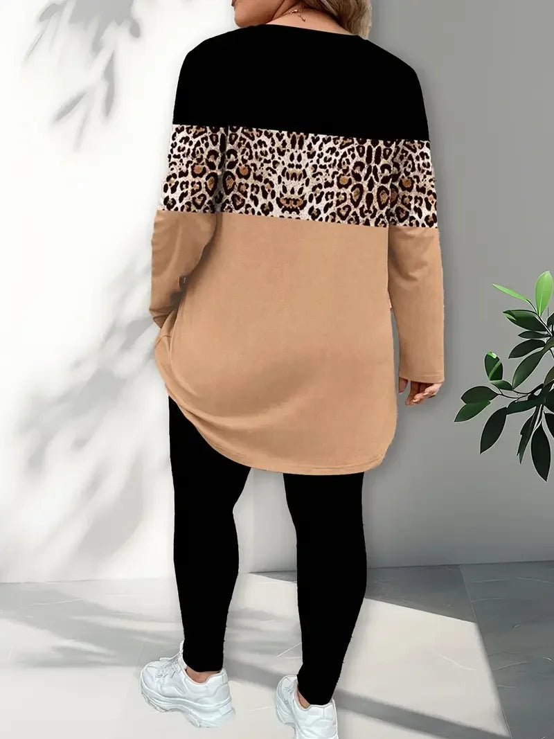 Women Fashion Leopard Print Two Piece Set Outfit Casual Long Sleeve Contrast Colour Tops and Pants.
