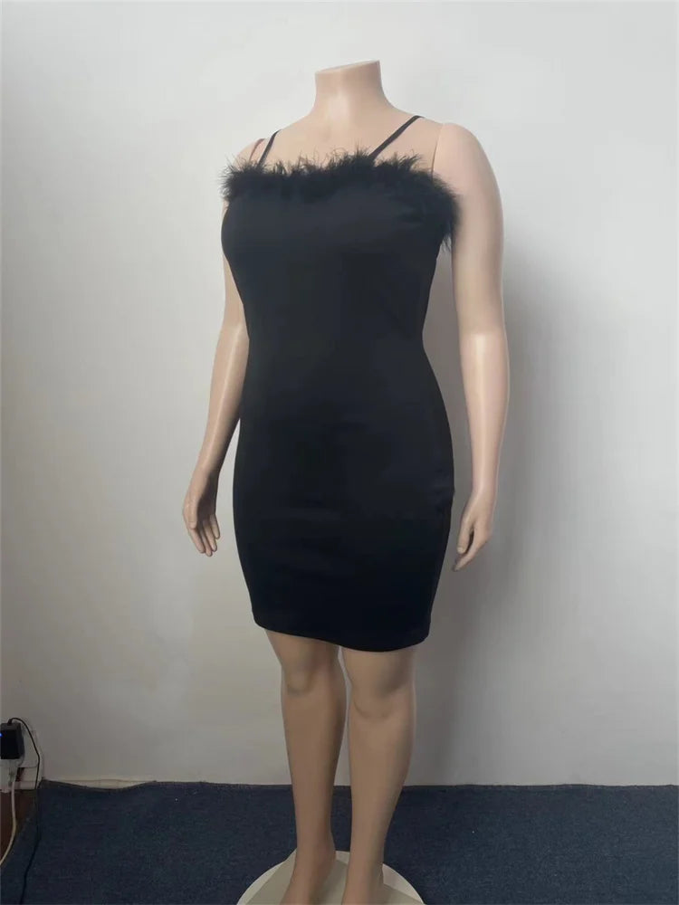 Plus Size Dress Sleeveless Sexy Black Stretch Feather Dress .