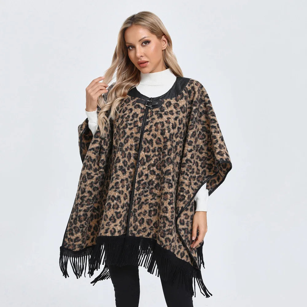 Quality Fashion Classic Leopard Zebra Stripes Like Wool Cape Coat Women Autumn Winter Outerwear Leather Collar.