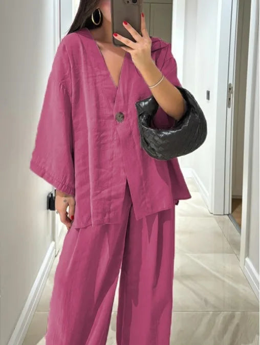 Spring Summer Fashion Cotton Blend Two Piece Set Causal Loose Top Wide Leg Pants 2 Piece Outfit. S-3X