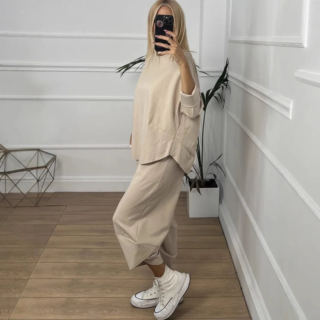 Solid Pullover Two Piece Set O Neck Top, Long Pants Tracksuit Retro Loose Sport Suit. S-3X