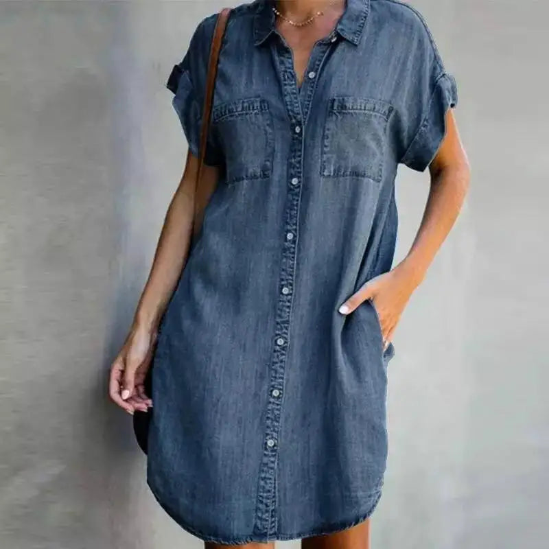 Summer New Single Breasted Denim Shirt Dress Casual Loose Pocket Simple Retro Denim Dress. S-5X