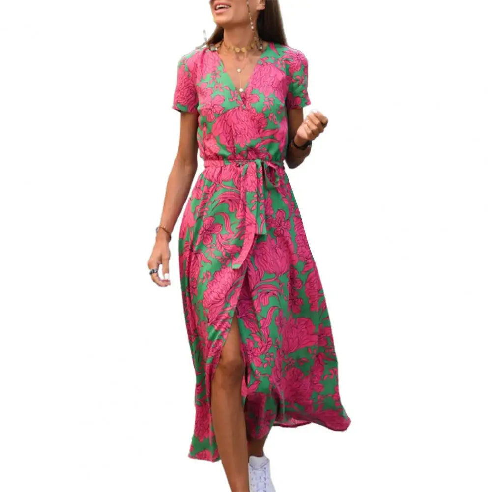 Women Midi Dress V-neck Short Sleeve High Waist Summer Dress. S-XXL