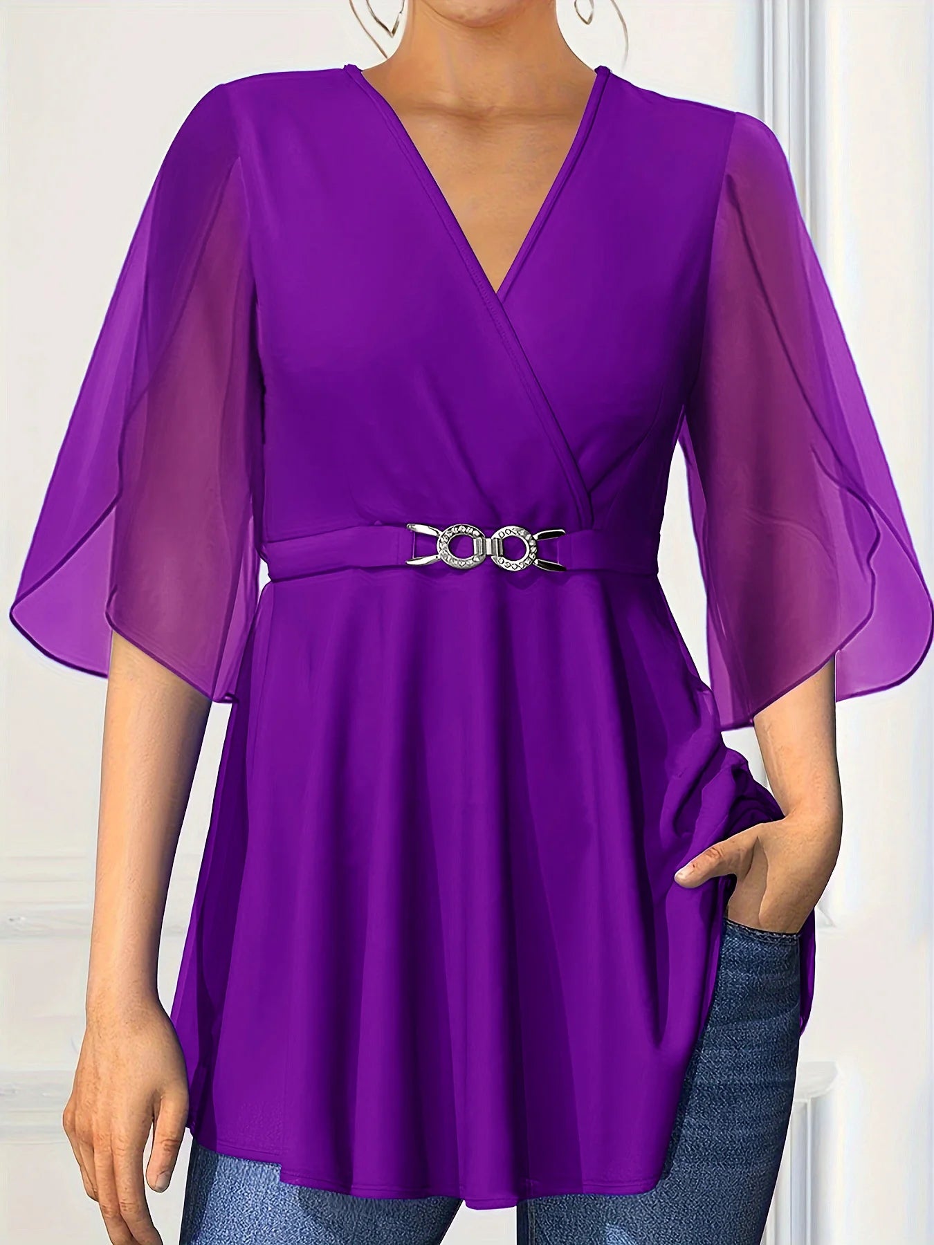 Flare Sleeve Chiffon V-neck Waist Cinched Short Sleeve Casual Blouse.