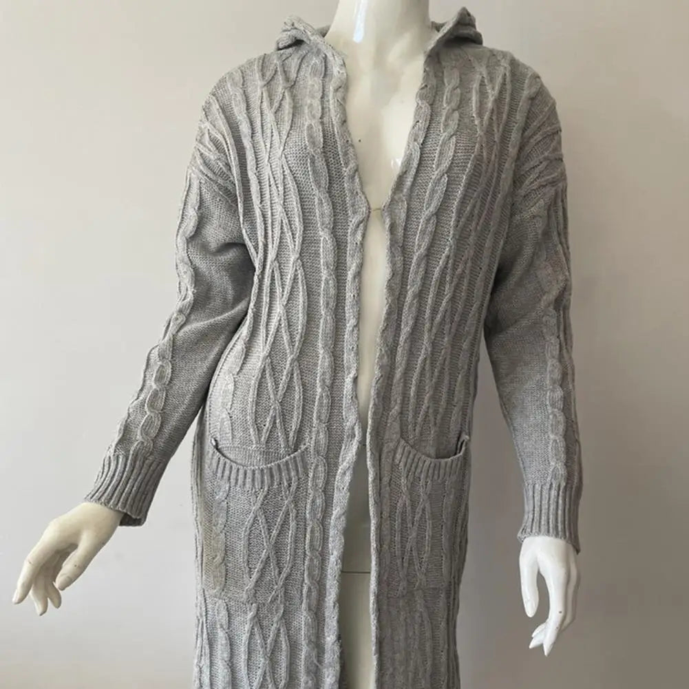Women Sweater Jacket with Pockets Mid Length Hooded Knitted Twisted Texture Solid Colour Long Sleeve Thick Outerwear. S-3xl