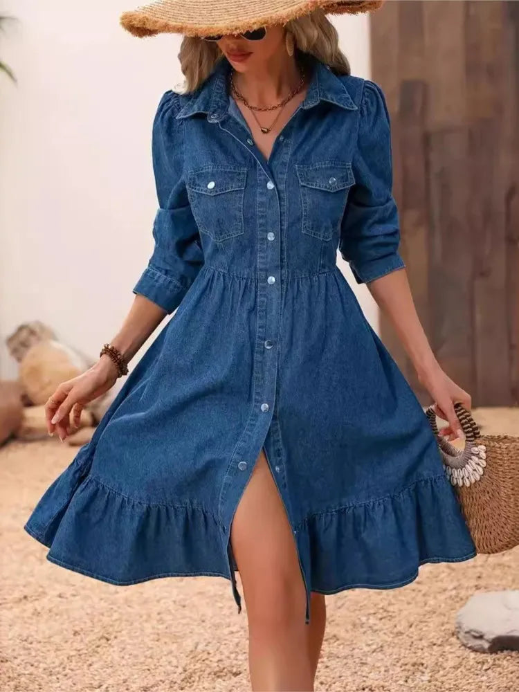 Fashion Ruffles Women Blue Denim Elegant Midi Dress Spring Summer Dress. S-2X