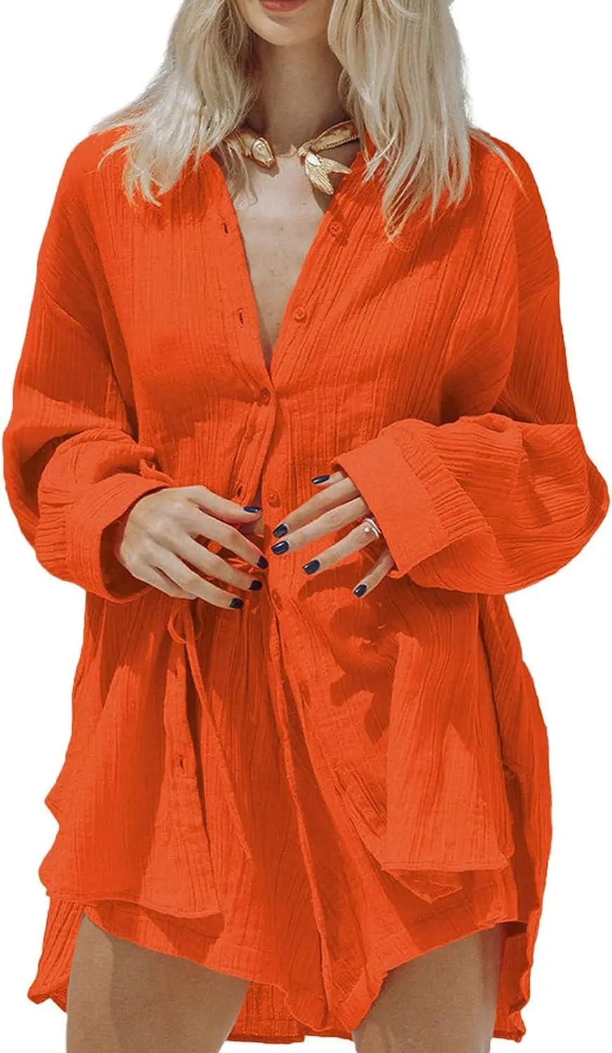 Ladies Shirt And Short Two Piece Set, Fashion Solid Long Sleeve Shirt Casual Loose Shorts. S-2x