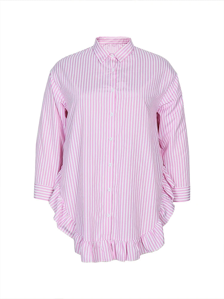 Plus Size New Women's High Collar Long Sleeve Pink White Striped Long Comfortable Casual Shirt