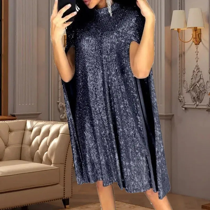 Sexy Party Sequin Glitter Cloak Sleeve Elegant Woman Dress 2025. S-2X