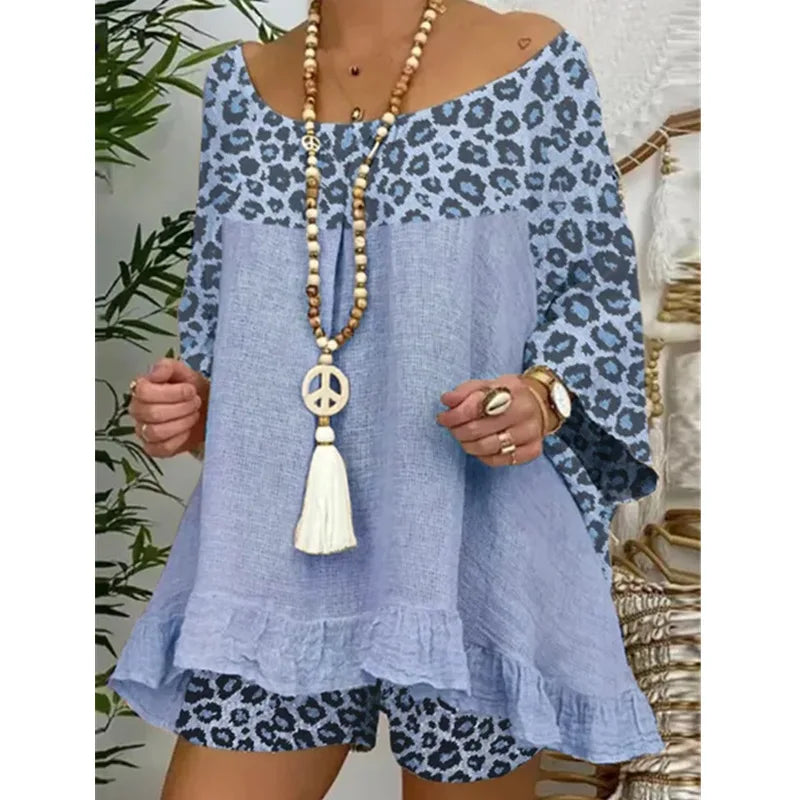 Women 2025 2 Piece Spring Summer Bohemian Casual Leopard Print Loose Fit Outfit. S-3XL