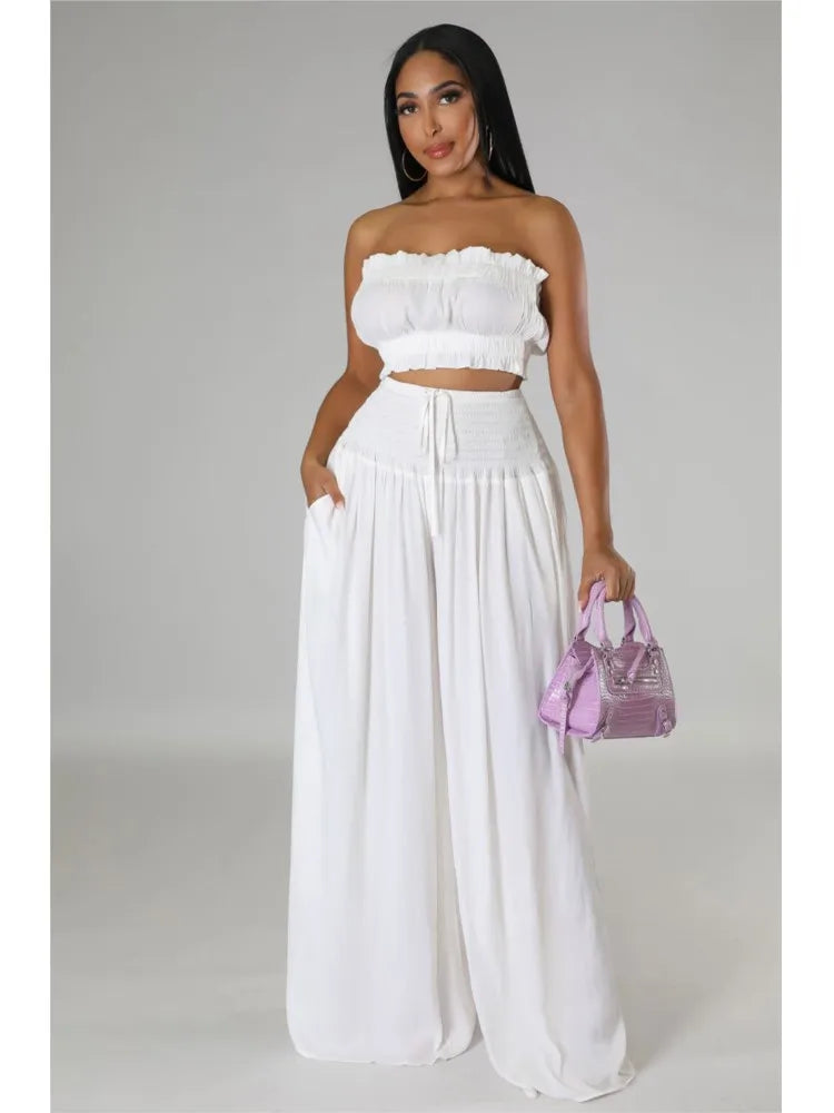 Sexy Ultra Short Breast Wrap And Pants Stylish Ladies 2 Piece Strapless Top + Loose Wide Leg Pant Suit. S-xxL