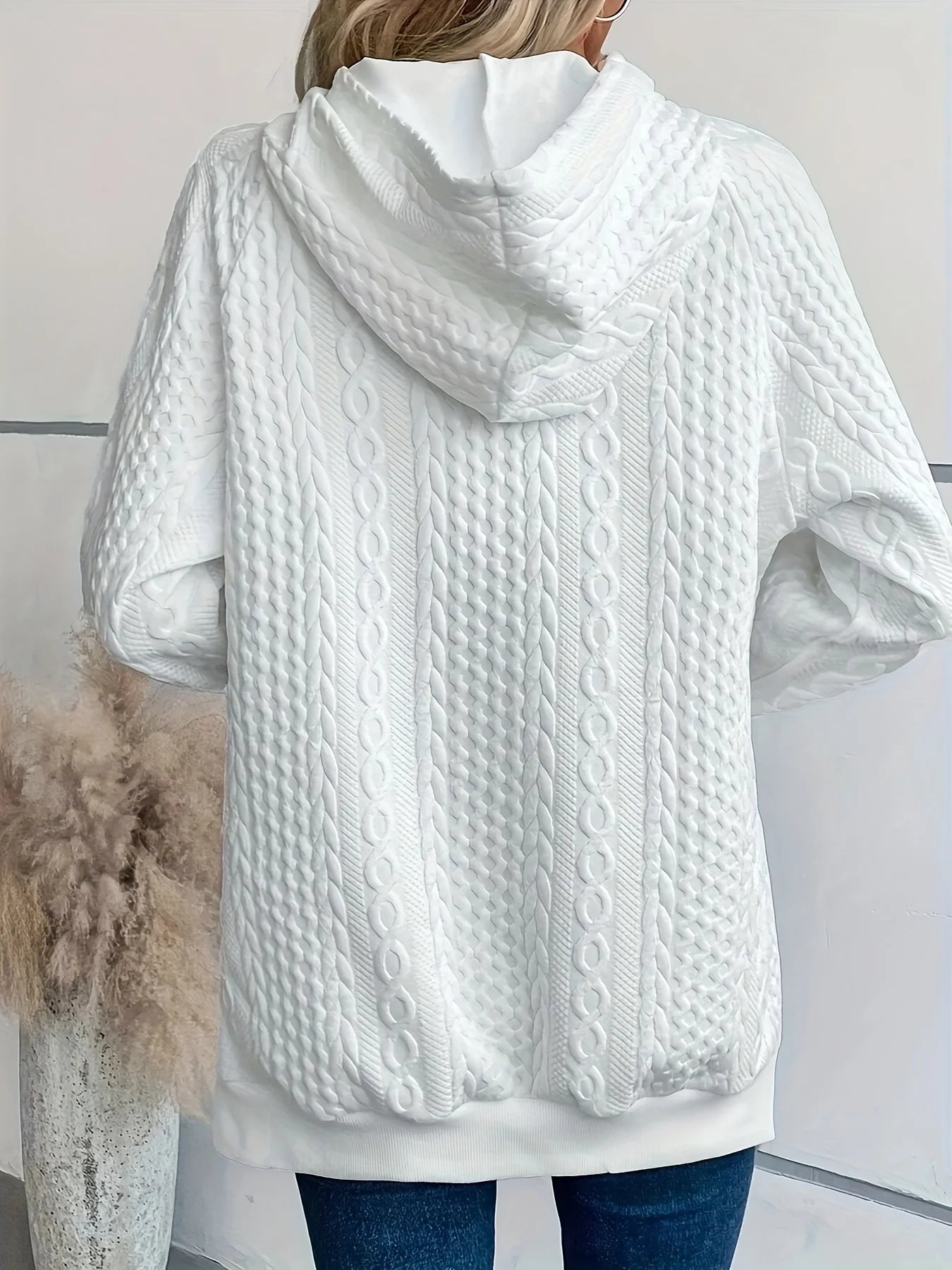 Plus Size Casual Sweatshirt, Women's Plus Solid Cable Long Sleeve Button Hoodie With Pockets