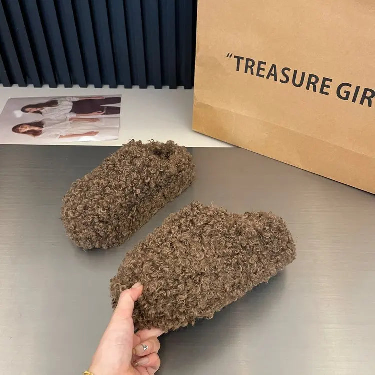 Thick Heel Luxury Lambwool Mules 2025 Winter Shoes Woman Flip Flops Flat Cover Toe Slides Ins Warm Curly Lamb Fur Slippers Women