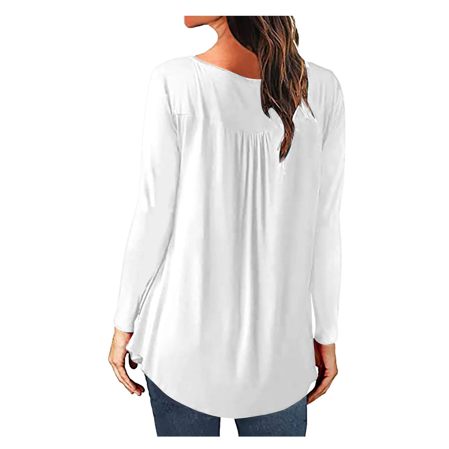 Summer Women Solid Print Tops Long Sleeve T-Shirts Tunic Pullover Button Round Neck Causal Blouse
