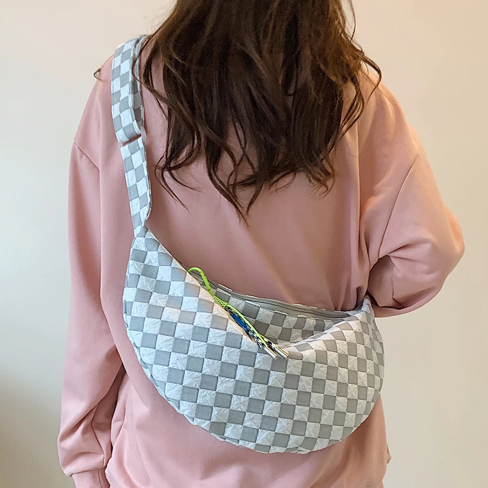 Plaid Women Messenger Bag Fashion Half Moon Crescent Casual Simple Lightweight Large Capacity