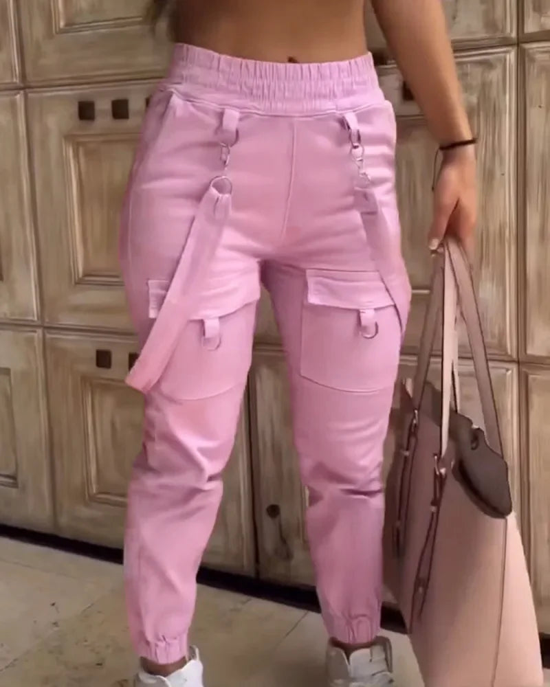 Cargo Pants Casual Trousers Solid Colour Trendy Street-Wear Pocket Design And Suspenders. Sz S-2x