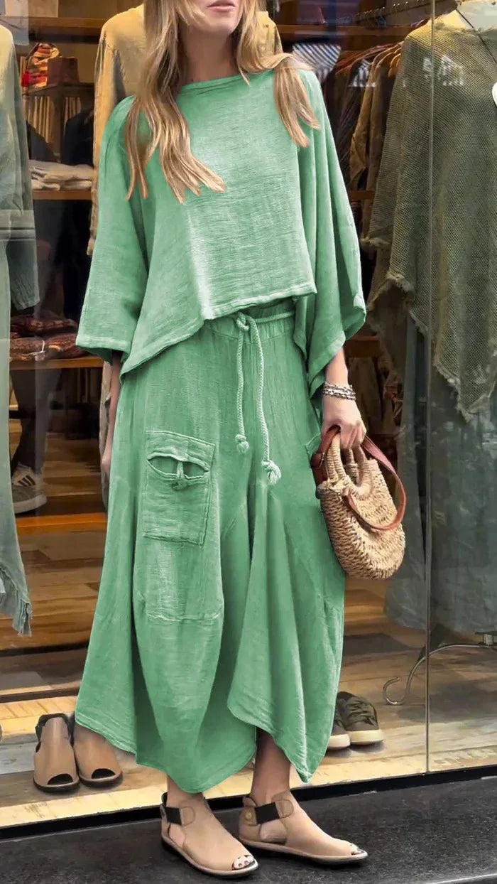 Casual Solid Cotton Linen 2 Piece Sets Women Spring O Neck Top Pullover Belted Skirt Outfit Fall 3/4 Sleeve Loose Suit. S-3x
