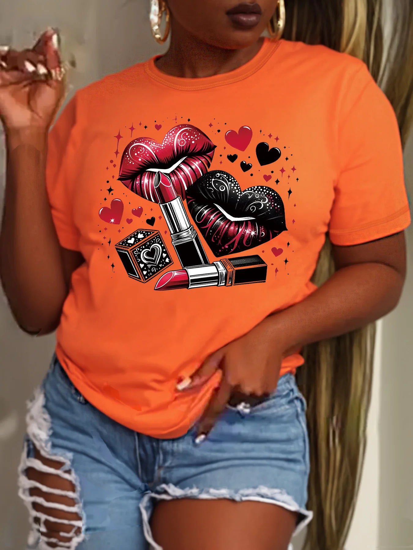 Women Plus Size Clothing Summer Round Neck Short Sleeve Printed Love Lips Lipstick Fashion Plus Size T-Shirts Y2k Top
